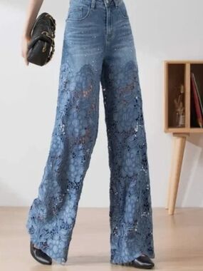 Women's high waisted hollow lace patchwork loose wide leg jeans-